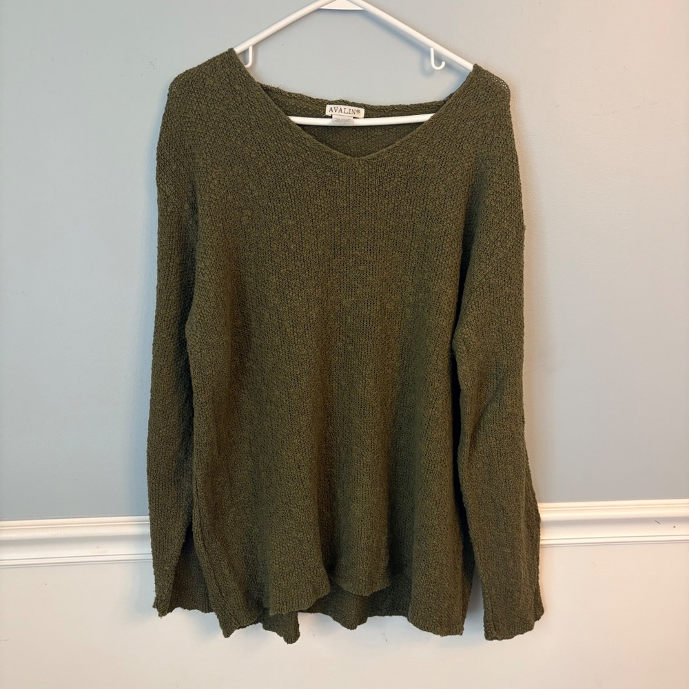 Avalin Olive Green 100% Cotton V-Neck Knit Sweater Fairy Cottagecore One Size